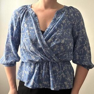 Pins and Needles blue and white surplice top peplum floral silk blouse
